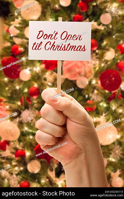 Hand Holding Don't Open Til Christmas Card In Front of Decorated Christmas Tree