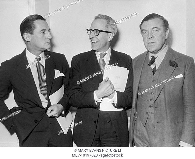 VICTOR STIEBEL (centre) together with two other great British couturiers, Norman Hartnell (on right of photo) and Hardy Amies (left)