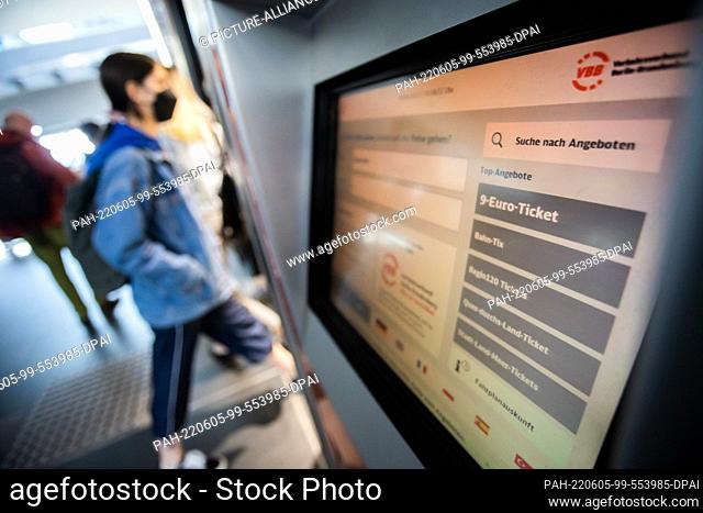 05 June 2022, Berlin: ""9-Euro-Ticket"" can be read on a ticket vending machine at Berlin's main train station. The 9-Euro-Ticket is expected to result in more...