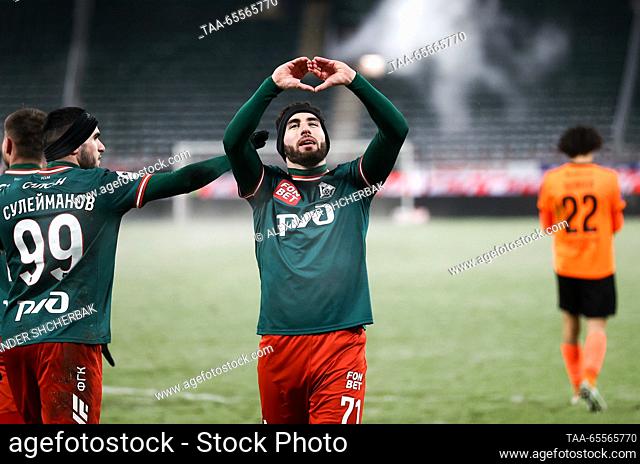 RUSSIA, MOSCOW - DECEMBER 8, 2023: Lokomotiv Moscow's Nair Tiknizyan (C) makes a heart shape with his hands as he celebrates scoring in the 2023/24 Russian...