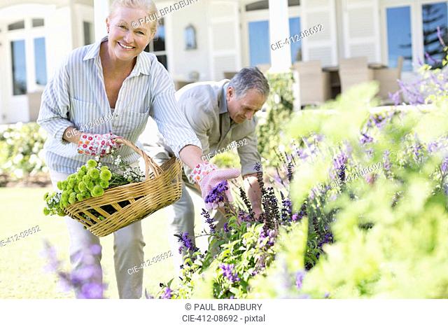 Senior couple picking flowers in garden