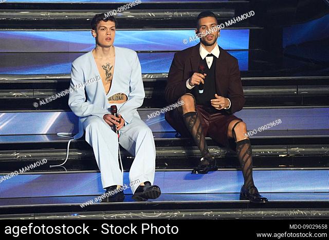 Italian singers Blanco and Mahmood at 72 Sanremo Music Festival. Fourth evening. The Attico and Fendi clothes. Sanremo (Italy), February 4th, 2022