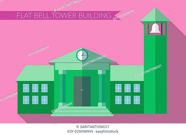 Flat design modern illustration of building with bell tower icon, with long shadow on color background