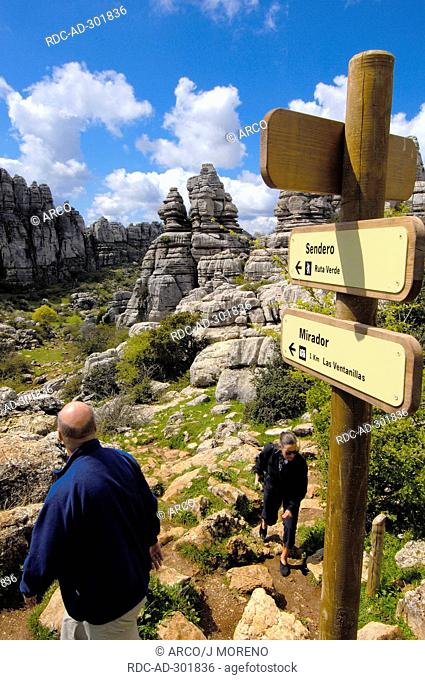 Signs, Jurassic limestones, El Torcal Nature Reserve, Antequera, Malaga province, Andalusia, Spain