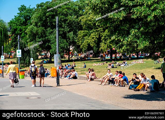 Berlin, Germany - june 2018: People in park on a sunny summer day at Monbijoupark in Berlin, Germany