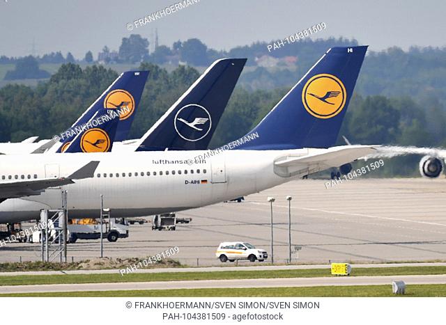 Lufthansa jets with tail fins design before and after. Airplane, airline, airline, flyer, air traffic, fly.Aviation. Franz Josef Strauss Airport in Munich