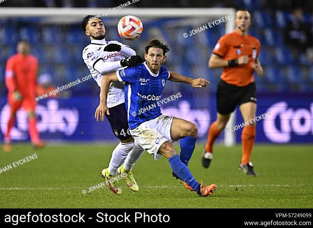 Anderlecht's Anouar Ait El-Hadj and Genk's Patrik Hrosovsky fight for the ball during a soccer game between KRC Genk and RSC Anderlecht