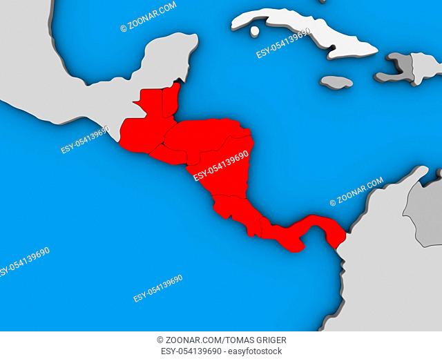 Central America on blue political 3D globe. 3D illustration