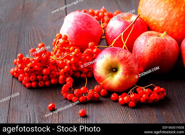 Local farmers seasonal harvest theme, apple, pumpkins and berries on table