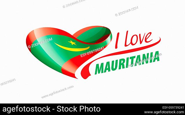 National flag of the Mauritania in the shape of a heart and the inscription I love Mauritania. Vector illustration