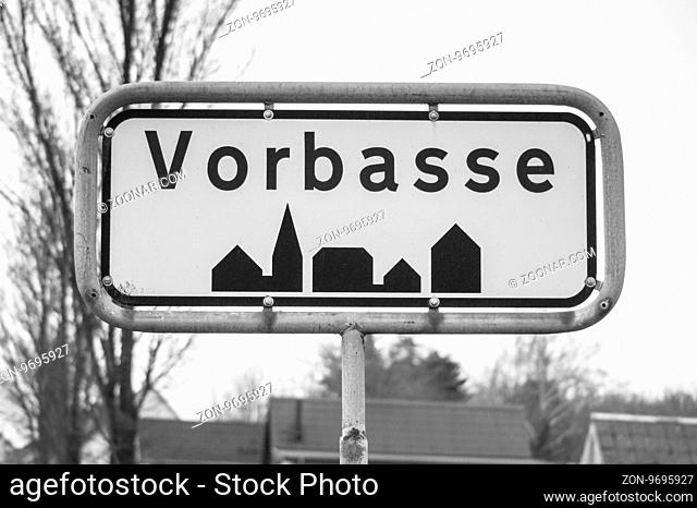 Vorbasse city sign in black and white in Denmark