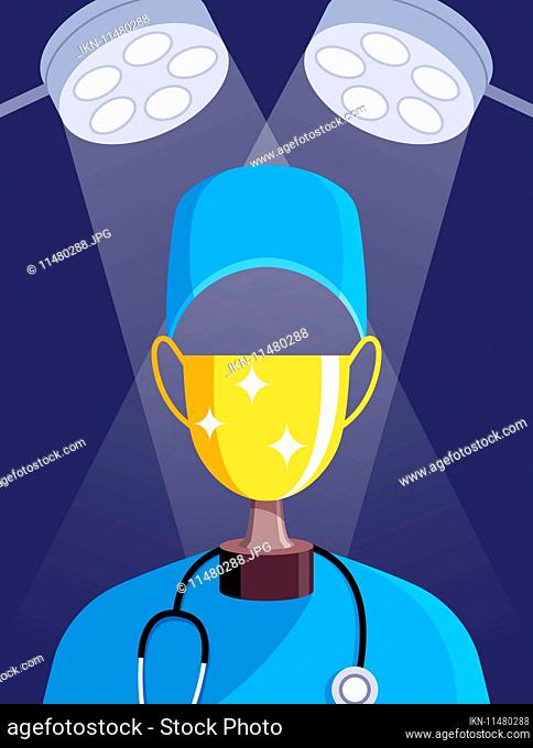 Surgeon wearing gold cup forming surgical mask