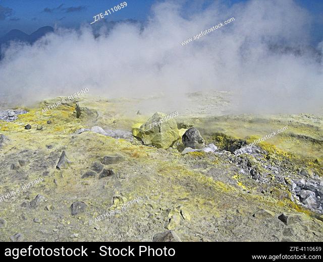 Sulfur deposits from the fumarole. Gran Cratere della Fossa (Great Crater of the Pit), Vulcano, Lipari, Aeolian Islands, Metropolitan City of Messina, Sicily