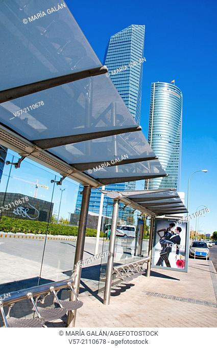 Bus stop next to Four Towers Business Area. Paseo de la Castellana, Madrid, Spain