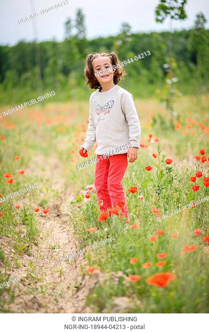Cute little girl with four years old having fun in a poppy field