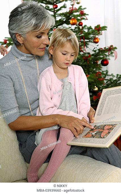 Grandmother, grandchild, portrait, book, background, read, christmas tree