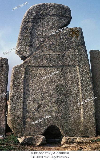 Big arched-shaped monolithic stele of Giants' Grave of Li Lolghi, Arzachena, Sardinia, Italy. Nuragic civilization, 18th-17th century BC