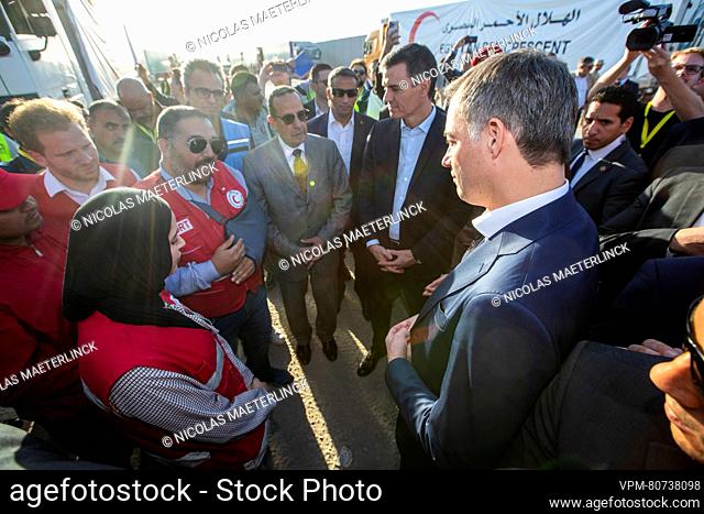 Prime Minister of Spain Pedro Sanchez and Prime Minister Alexander De Croo talk with Egypt Red Crescent volunteers during a visit to the city of Rafah
