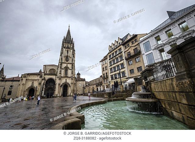 Facade of Oviedo Cathedral in day time. Asturias, Spain