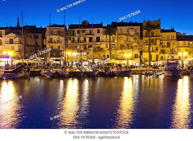 France, Corsica, Haute-Corse Department, La Balagne Region, Calvi, Port de Plaissance, yacht harbor, dusk