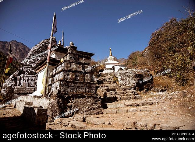 Prayer tables with temple in Khumbu valley