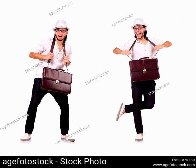 Young man with handbag and hat isolated on white