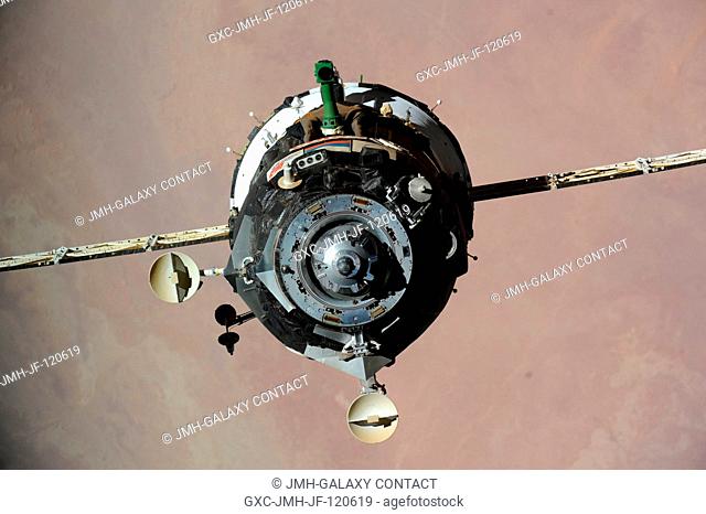 The Soyuz TMA-16 spacecraft is featured in this image photographed by an Expedition 22 crew member on the International Space Station during the relocation of...