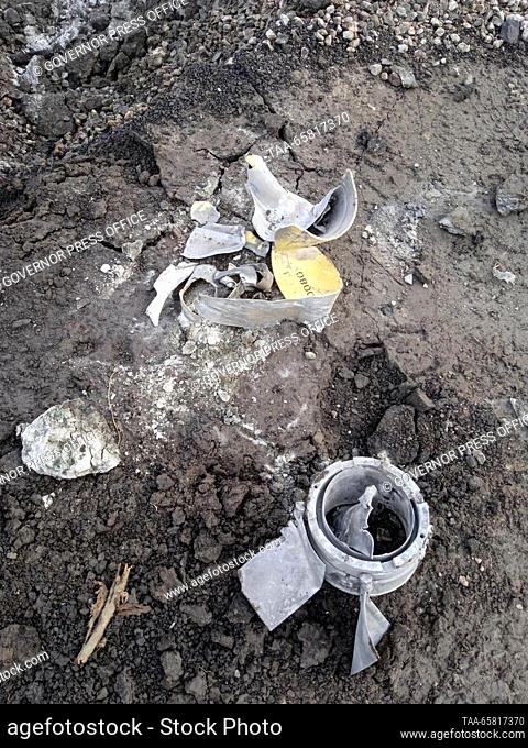 RUSSIA, KHERSON REGION - DECEMBER 16, 2023: Shell fragments are seen after a missile attack by the Ukrainian Armed Forces in the settlement of Novaya Mayachka