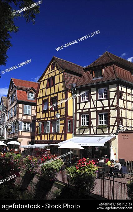 Colorful façades of timber framed houses at Petite Venise/ Little Venice, Colmar town the capital of the Alsatian wine producing area, Alsace, France, Europe
