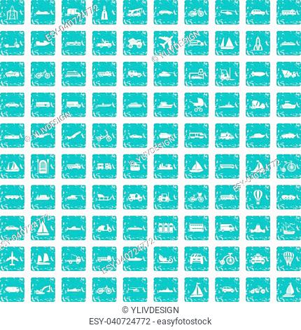 100 transportation icons set in grunge style blue color isolated on white background vector illustration