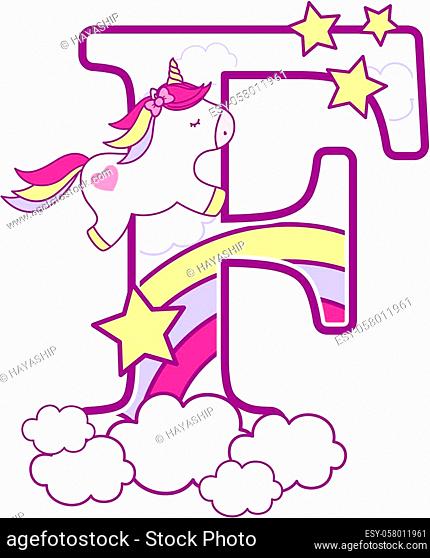 initial f with cute unicorn and rainbow. can be used for baby birth announcements, nursery decoration, party theme or birthday invitation