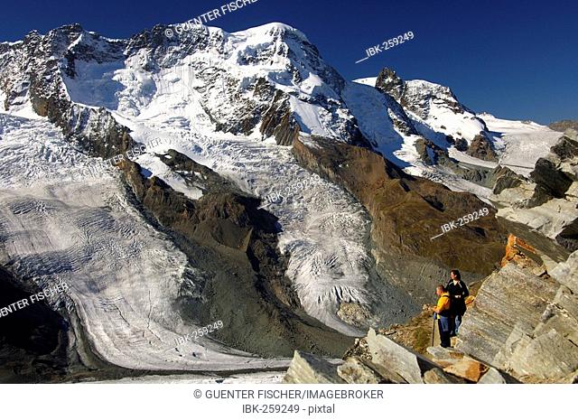 Glacier world of the Gornergrat, peaks Breithorn, Klein Matterhorn, glacier Theodulgletscher, Zermatt Valais Switzerland