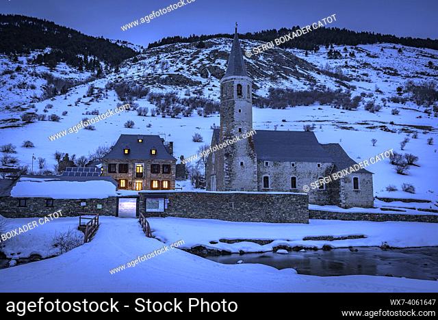 Montgarri hut and church in a winter twilight (Aran Valley, Catalonia, Pyrenees, Spain)
