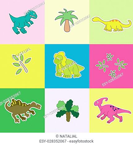 Vector illustration. The background color of the rectangles with cute dinosaurs and plants