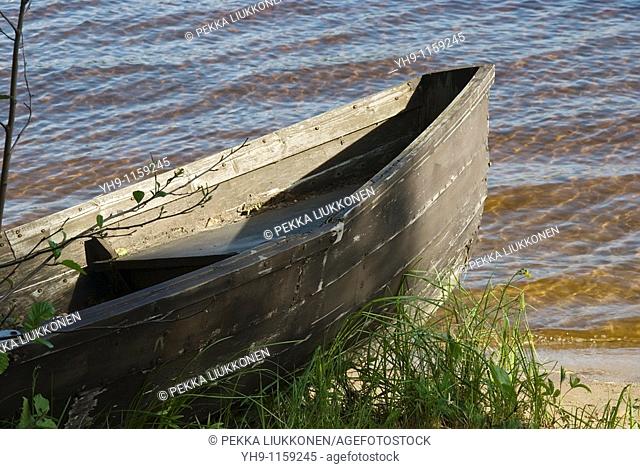 Wooden boat. Oulujoki river, Oulu province, Finland