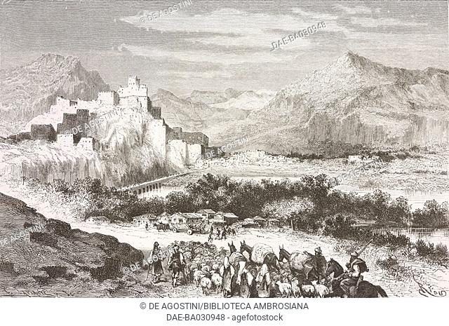 Panoramica view of Knin from the Velika road, Croatia, drawing by Edouard Riou (1833-1900) from a sketch by Yriarte, from Dalmatia, 1874