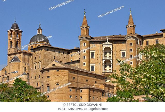Italy, Marche, Urbino, Palazzo Ducale, listed as World Heritage by UNESCO, towers attributed to Luciano Laurana