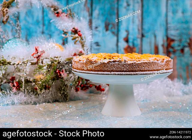 Cake for Christmas and beautiful decoration on background. Christmas and New Year concept