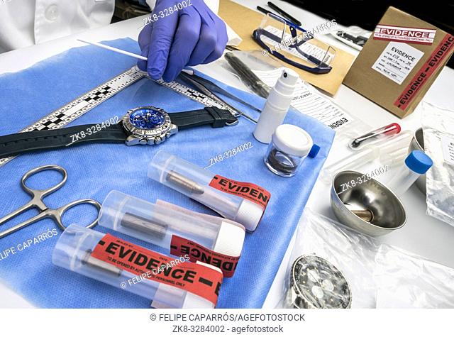 Police scientist working in Criminalistic Lab, victim clock analysis for murder, conceptual image