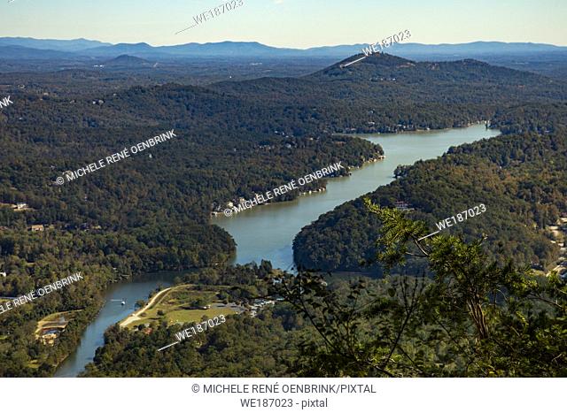 View of Lake Lure from Chimney Rock State Park in the foothills of Hickory Nut Gorge North Carolina
