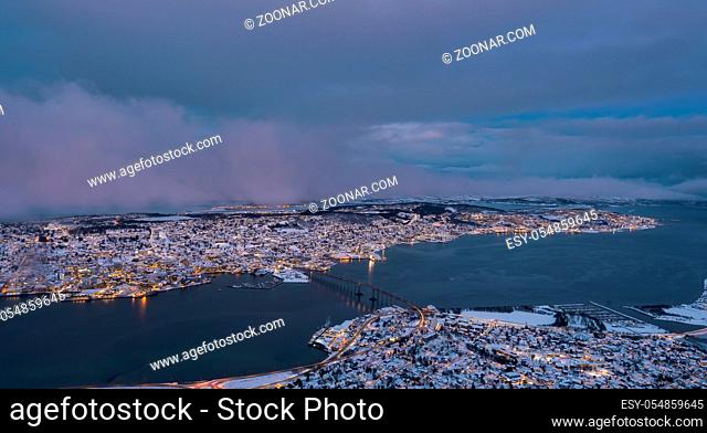 Aerial view to the city of Tromso in winter from above, Northern Norway