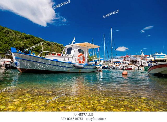 Fishing boat in the Harbor of Meganisi island in Lefkada Greece