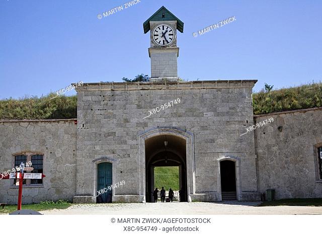 Fort Monostor in Komarom Monostori Eroed, Hungary  Main gate with clock seen from the inner yard  The fort was built from 1850 onwards  The main purpose for the...