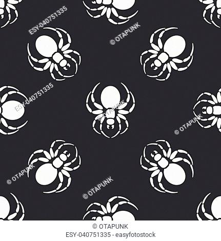Flat monochrome vector seamless wildlife fauna pattern with black widow spider. Helloween. Cartoon style. Insect. Web. Entomology. Art. Nature