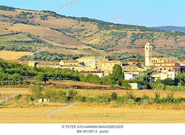 Town view with Church of San Pietro Apostolo, Tuili, Giara di Gesturi, Province of Medio Campidano, Sardinia, Italy, Europe