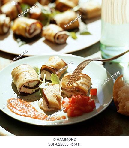 aubergine and fromage frais rolls