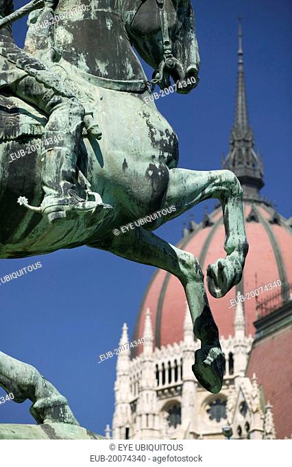 Detail of equestrian statue, Rakoczi, with Parliament behind