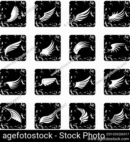 Wing set icons in grunge style isolated on white background. Vector illustration
