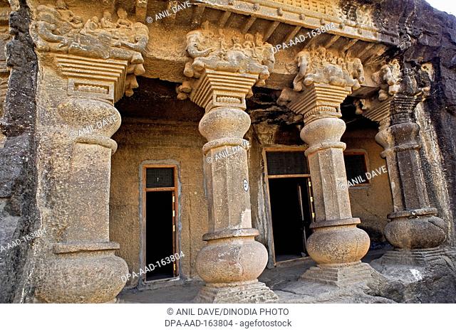 Pillars of cave temple hinyana pandav caves first century BC to second century AD ; Satavahana ; Nasik ; Maharashtra ; India