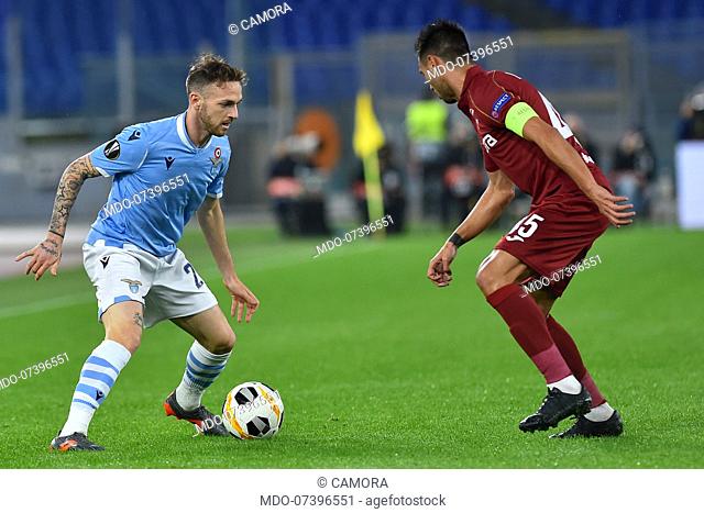 Lazio football player Manuel Lazzari and Cluj football player Camora during the match Lazio-Cluj in the Olimpic Stadium. Rome (Italy), November 28th, 2019